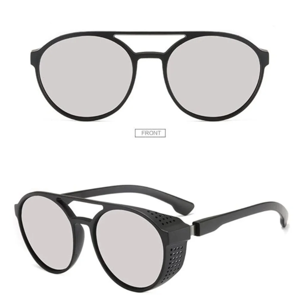 Mens Steampunk Outfit Sunglasses Matte Black Silver Mirror Lens Side Shields New